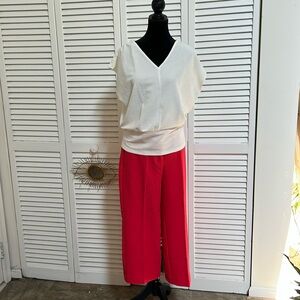 Ann Taylor Vibrant Red Ankle Cropped Pants and beige shirt Ann Taylor